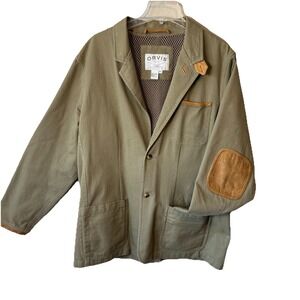 Orvis Safari Coat Khaki Cotton Twill Blazer Elbow Patch Mesh Lined Size 44 Tall